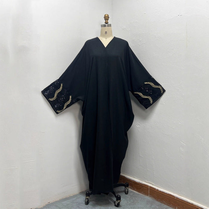 Luxury Muslim Golden Olive Abaya | Black Embroidered & Beaded Robe (MOA180)