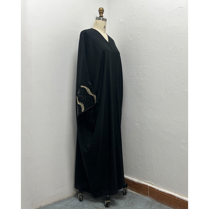 Luxury Muslim Golden Olive Abaya | Black Embroidered & Beaded Robe (MOA180)
