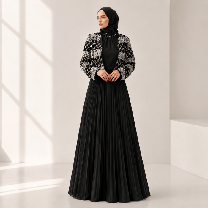 Luxury Pearl Beaded Diamond Grid Jacket & Pleated Dress Set(MS403)