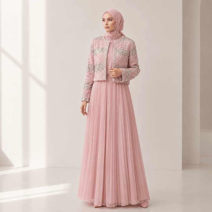 Luxury Pearl Beaded Diamond Grid Jacket & Pleated Dress Set(MS403)