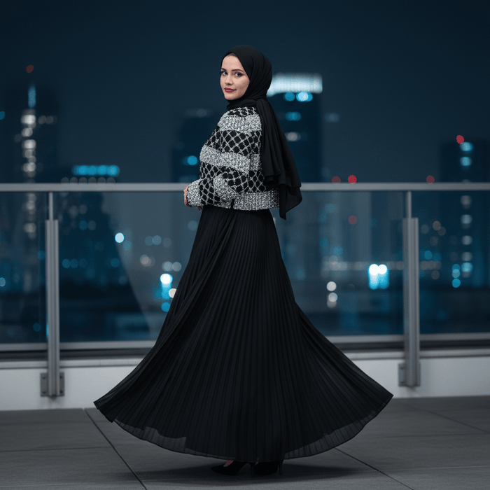Luxury Pearl Beaded Diamond Grid Jacket & Pleated Dress Set(MS403)