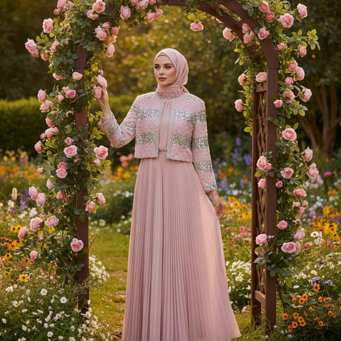 Luxury Pearl Beaded Diamond Grid Jacket & Pleated Dress Set(MS403)