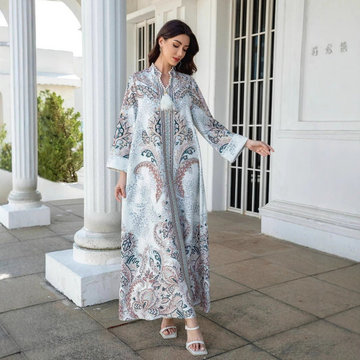 Luxury Pearl-Embellished Floral Beaded Muslim Robe Abaya with Bell Sleeves & Tassel Details (MA229)