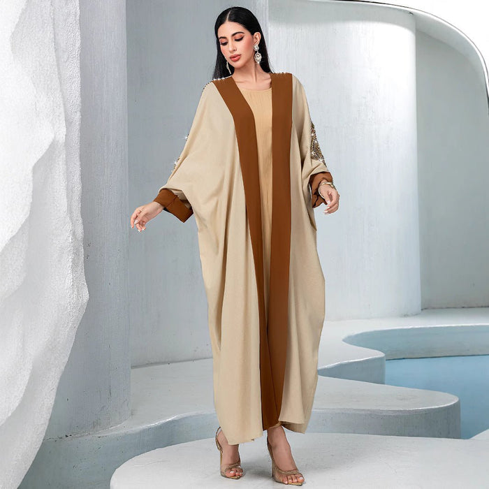 Luxury Rust Bead Muslim Wedding & Party Khaki Gold Embroidered Contrast Jacket Abaya(MOA158)