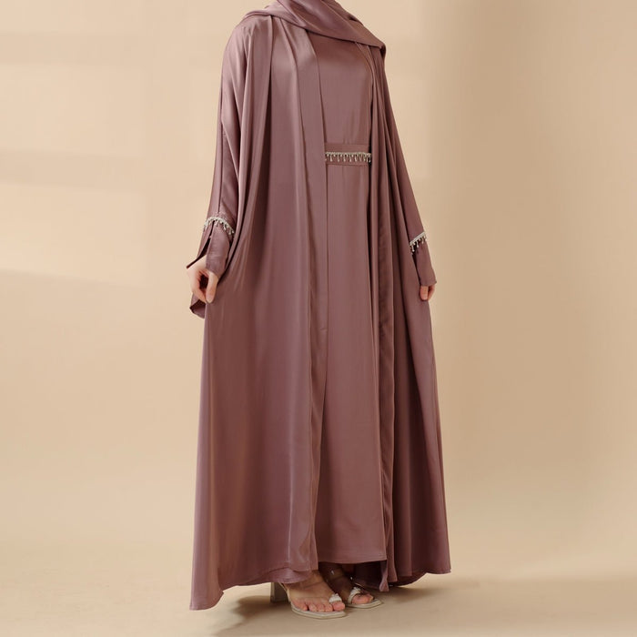 Luxury Satin Abaya With Diamond Tassels Belt,  6-Piece Set (MOA041)