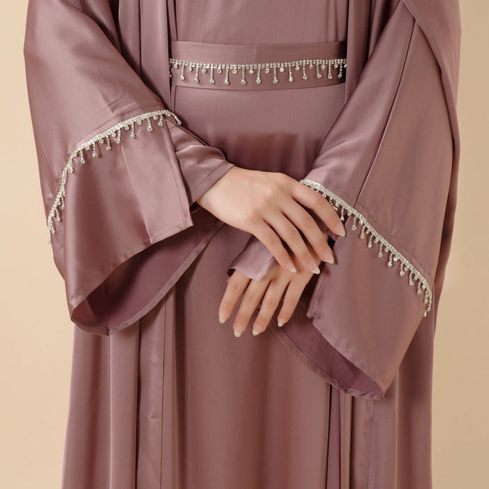 Luxury Satin Abaya With Diamond Tassels Belt,  6-Piece Set (MOA041)