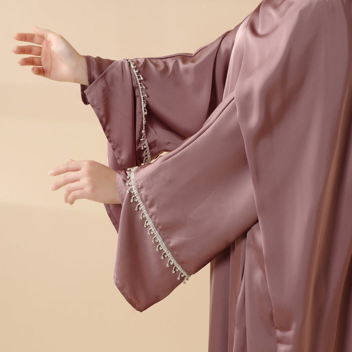 Luxury Satin Abaya With Diamond Tassels Belt,  6-Piece Set (MOA041)