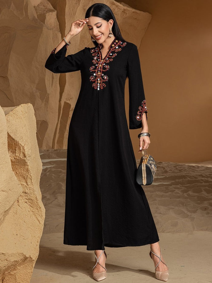 Luxury V-Neck Black & Gold Rice Bead Embroidered  Party & Wedding Abaya (MA187)