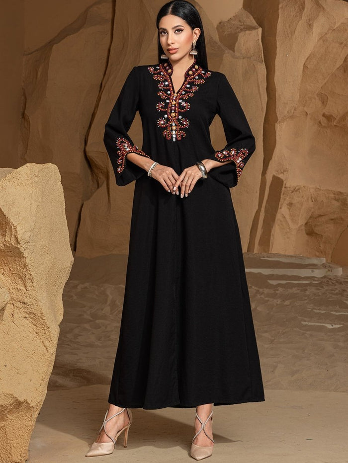 Luxury V-Neck Black & Gold Rice Bead Embroidered  Party & Wedding Abaya (MA187)