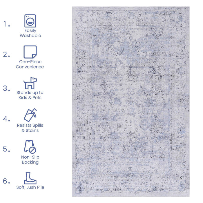 Maval - 6' X 9' Washable Area Rug - Blue / Cream