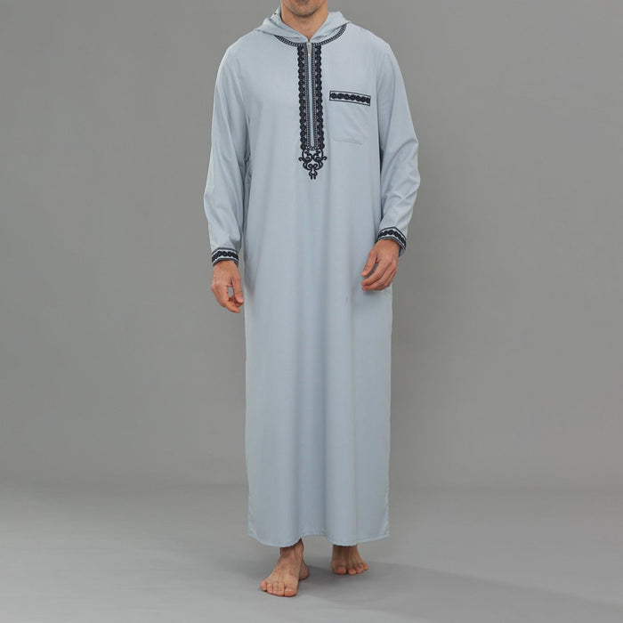 Men's Hooded Embroidered Thobe with Pockets (MT037)