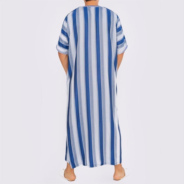 Men's Short Sleeve Breathable Blue & White Striped Thobe Long Robe with V-Neck & Modest Fit (MT031)