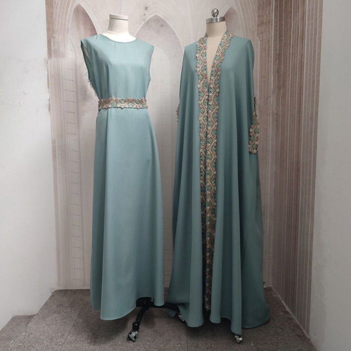 Mint Gold Bell Sleeve Abaya & Robe | Formal Muslim Luxury Two-Piece (MOA177)