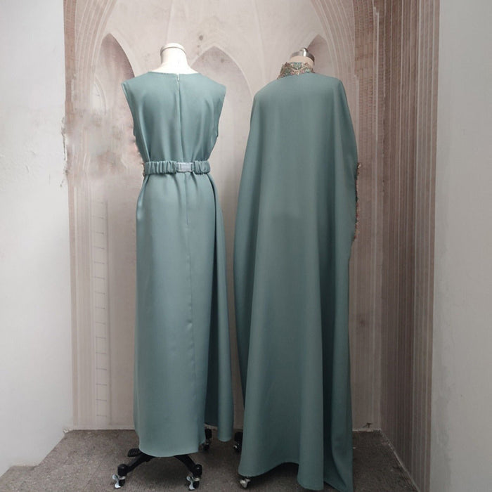 Mint Gold Bell Sleeve Abaya & Robe | Formal Muslim Luxury Two-Piece (MOA177)
