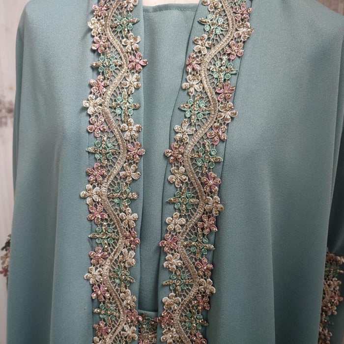 Mint Gold Bell Sleeve Abaya & Robe | Formal Muslim Luxury Two-Piece (MOA177)