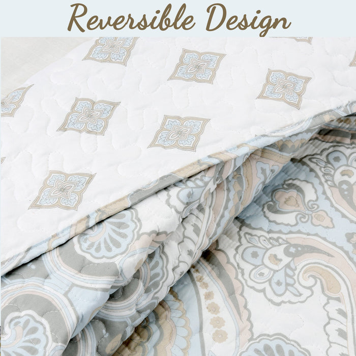 Modern Medallion Sky Blue Tan Gray Brocade 3-Piece Reversible Quilt Bedding Set
