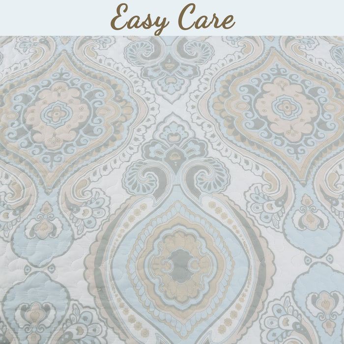 Modern Medallion Sky Blue Tan Gray Brocade 3-Piece Reversible Quilt Bedding Set
