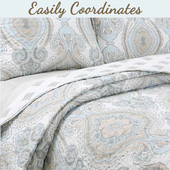 Modern Medallion Sky Blue Tan Gray Brocade 3-Piece Reversible Quilt Bedding Set