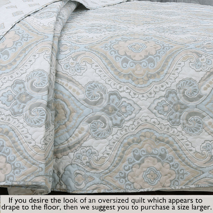 Modern Medallion Sky Blue Tan Gray Brocade 3-Piece Reversible Quilt Bedding Set