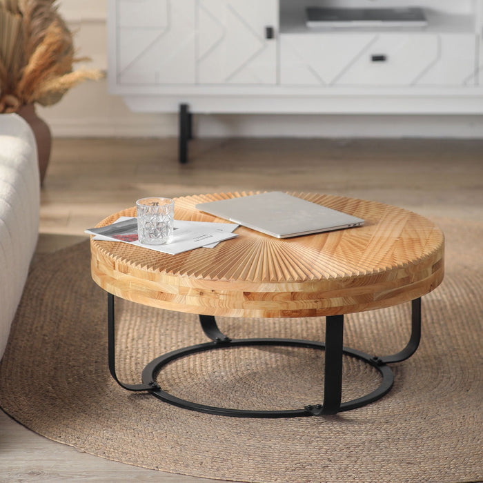 Modern Round Coffee Table With Wooden Carving Pattern