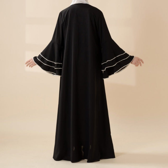 Modest Cardigan Black Robe Beaded Cuff Abaya with Layered Sleeves Elegant Design(MOA136)