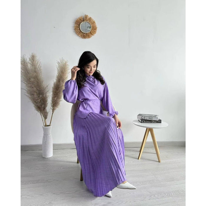 Modest Cross-Wrap Top with Matching Maxi Skirt Pleated Skirt Suit Set (MS092)