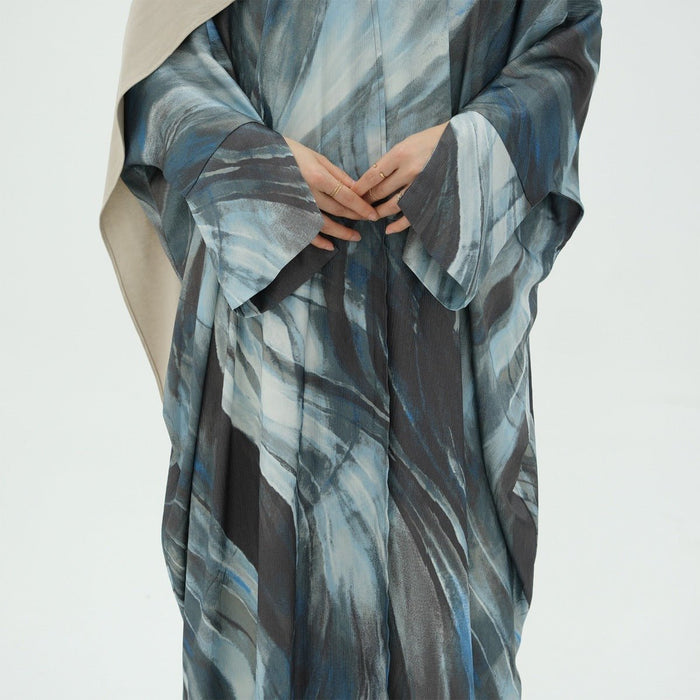 Modest Luxury Watercolor Print Cardigan Abaya | Blue-Grey Abstract Art Robe with Flowing Silhouette (MOA172)