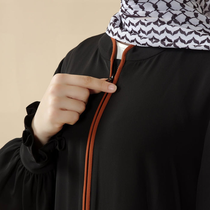 Modest Pullover Abaya with Palestinian Embroidery, Elegant Ruffled Cuff Maxi Dress (MA141)