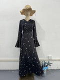 Modest V-Neck Boho Chiffon Black Floral Abaya Dress with Lotus Sleeve Flared Bell Sleeves(MA202)