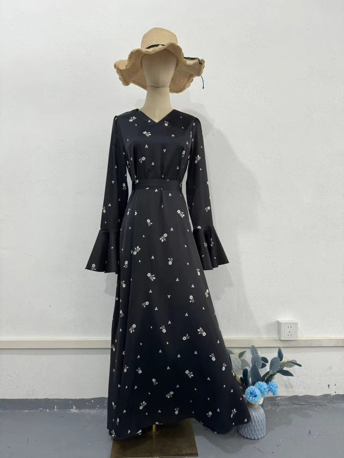 Modest V-Neck Boho Chiffon Black Floral Abaya Dress with Lotus Sleeve Flared Bell Sleeves(MA202)