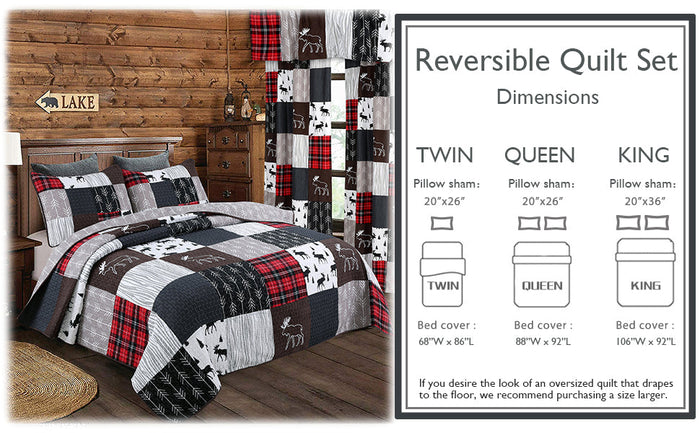 Moose Lodge Rustic Cabin Black Real Patchwork Reversible Quilt Bedding Set
