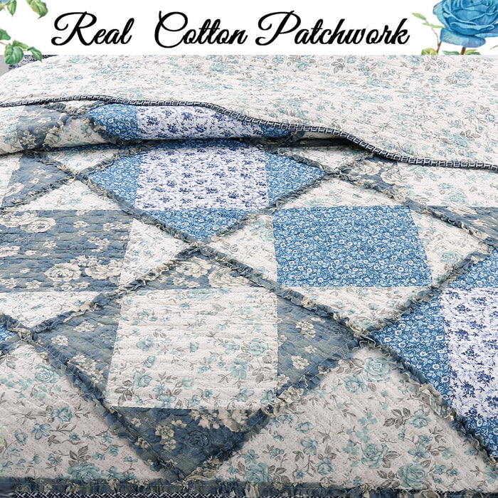 Moyers Blue Ruffle Real Patchwork Scalloped Edge Cotton 3-Piece Reversible Quilt Bedding Set