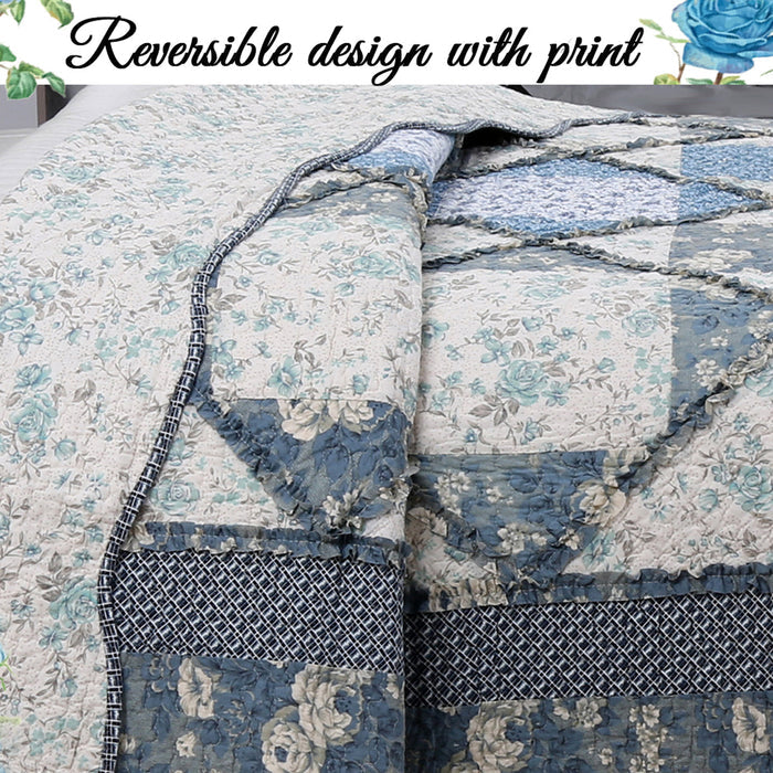 Moyers Blue Ruffle Real Patchwork Scalloped Edge Cotton 3-Piece Reversible Quilt Bedding Set
