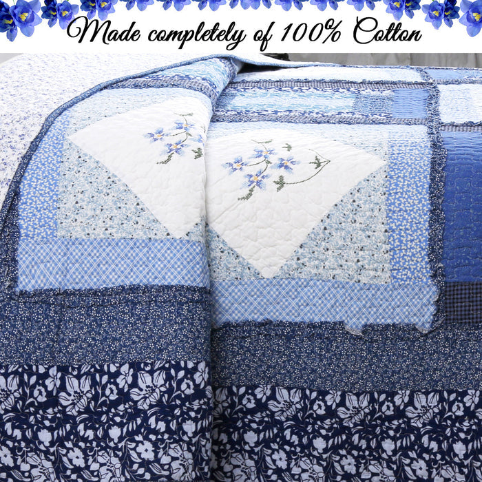 Moyle Blue Real Patchwork Embroidered Floral Ruffle Cotton 3-Piece Reversible Quilt Bedding Set