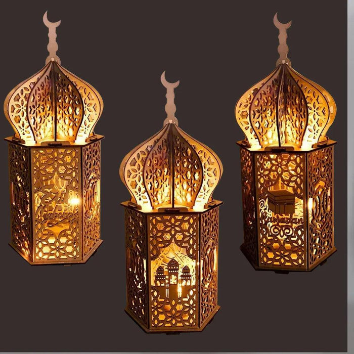MR023 Eid Mubarak LED Wooden Lantern Ramadan Decoration