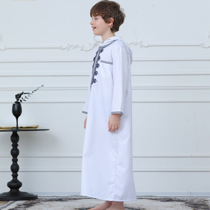 Muslim Boys Embroidered Hooded Thobe with Pockets (MKB014)