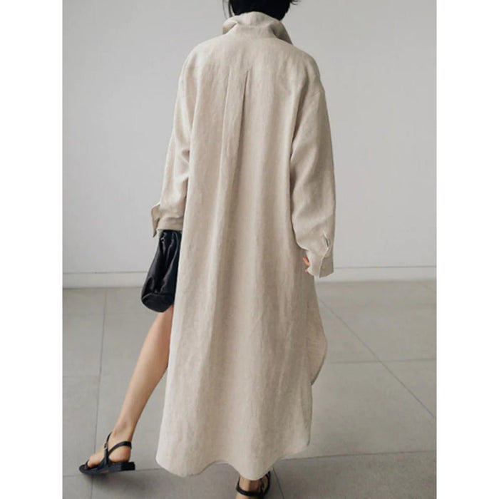 Muslim Casual Elegance Linen-Blend Shirt Dress | Modest Maxi with Button Front & Side Slits (MS096)