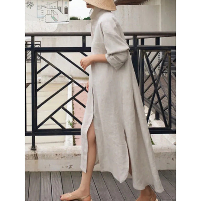 Muslim Casual Elegance Linen-Blend Shirt Dress | Modest Maxi with Button Front & Side Slits (MS096)