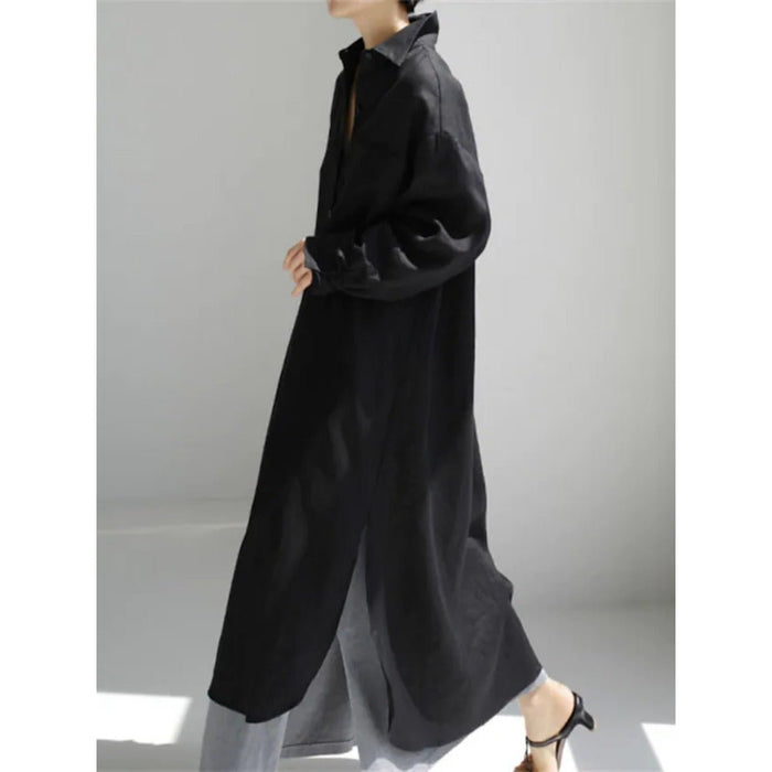 Muslim Casual Elegance Linen-Blend Shirt Dress | Modest Maxi with Button Front & Side Slits (MS096)