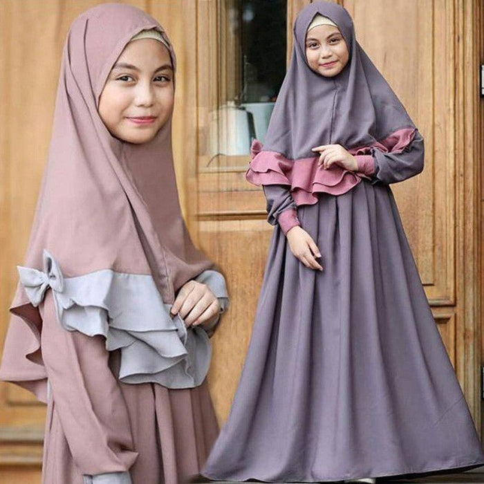 Muslim Girls Dress & Bow Hijab Set with Ruffle Trim (MKG026)