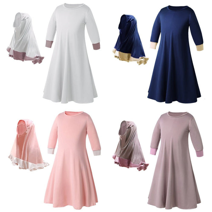 Muslim Girls Dress & Bow Hijab Set with Ruffle Trim (MKG026)
