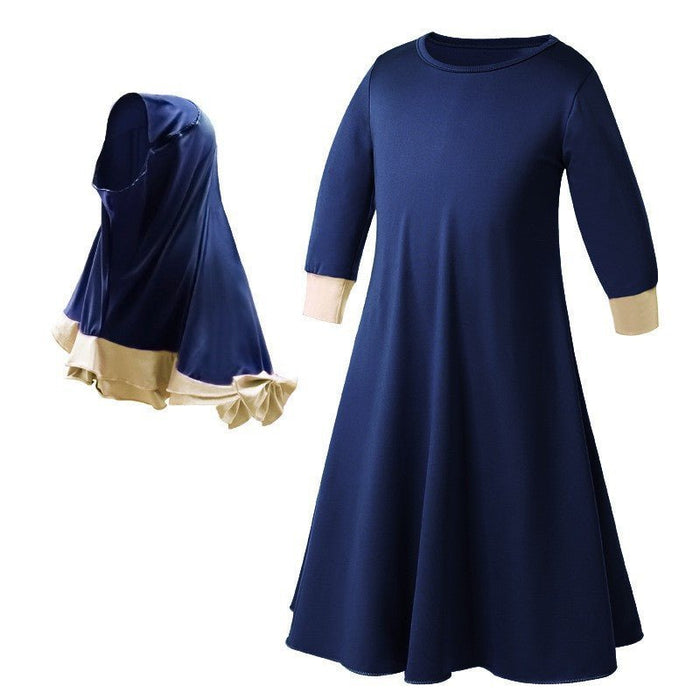Muslim Girls Dress & Bow Hijab Set with Ruffle Trim (MKG026)