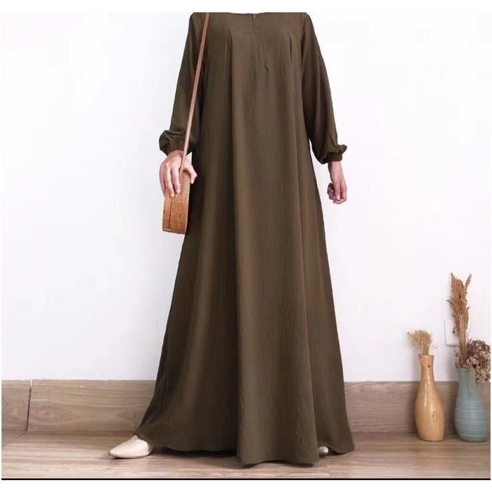 Muslim Luxury Autumn Hues Bubble Sleeve Dress | Modest Robe with Placket Zip (MA255)