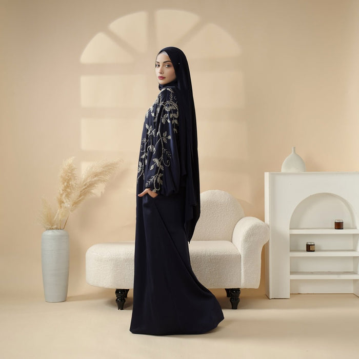 Navy Blue Pleated Abaya Set | Beaded Robe Abaya with Silver Embroidery (MOA168)