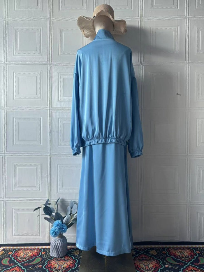New Summer Satin Long Sleeve Dress | Modest Fashion Waist Drop Long Dress Set (MS079)