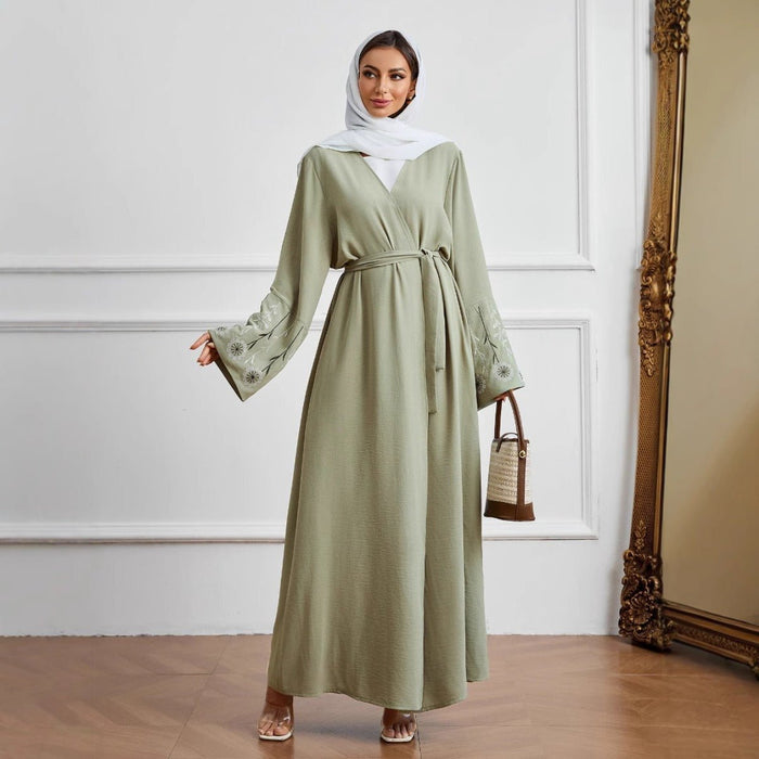 Olive Green Embroidered Abaya Set | Muslim Fashion Cardigan with Belt & Floral Embroidery (MOA166)