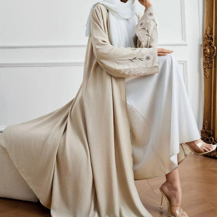Olive Green Embroidered Abaya Set | Muslim Fashion Cardigan with Belt & Floral Embroidery (MOA166)