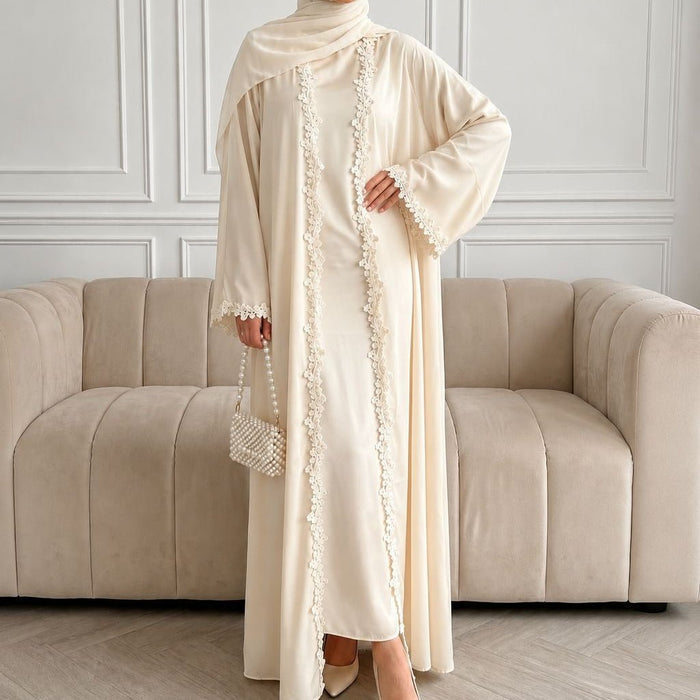 Open Front Abaya with 3D Floral Lace Trim(MOA318)