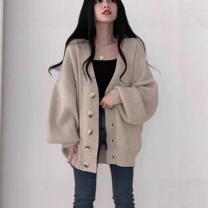Oversized V-Neck Bubble Sleeve Cardigan(MS167)