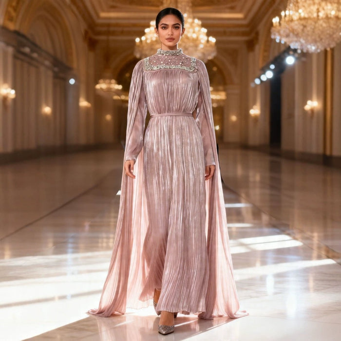 Pearl & Crystal Beaded Pleated Chiffon Maxi Gown(MA441)